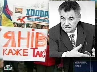 Мэр Киева Александр Омельченко (с сайта president.org.ua) на фоне митинга оппозиции (кадр НТВ)
